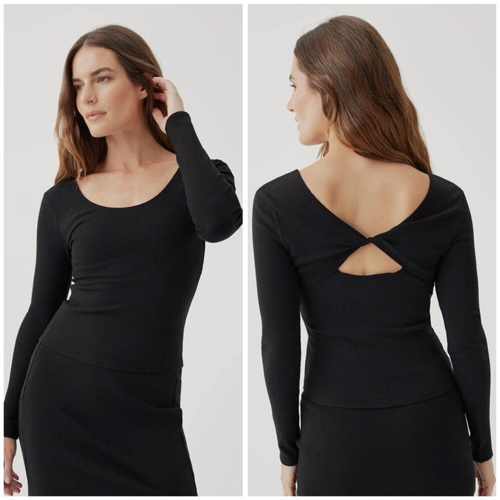 Pact Organic Refined Rib Twist Back Cut Out Ribbed Stretch Long Sleeve Top Large